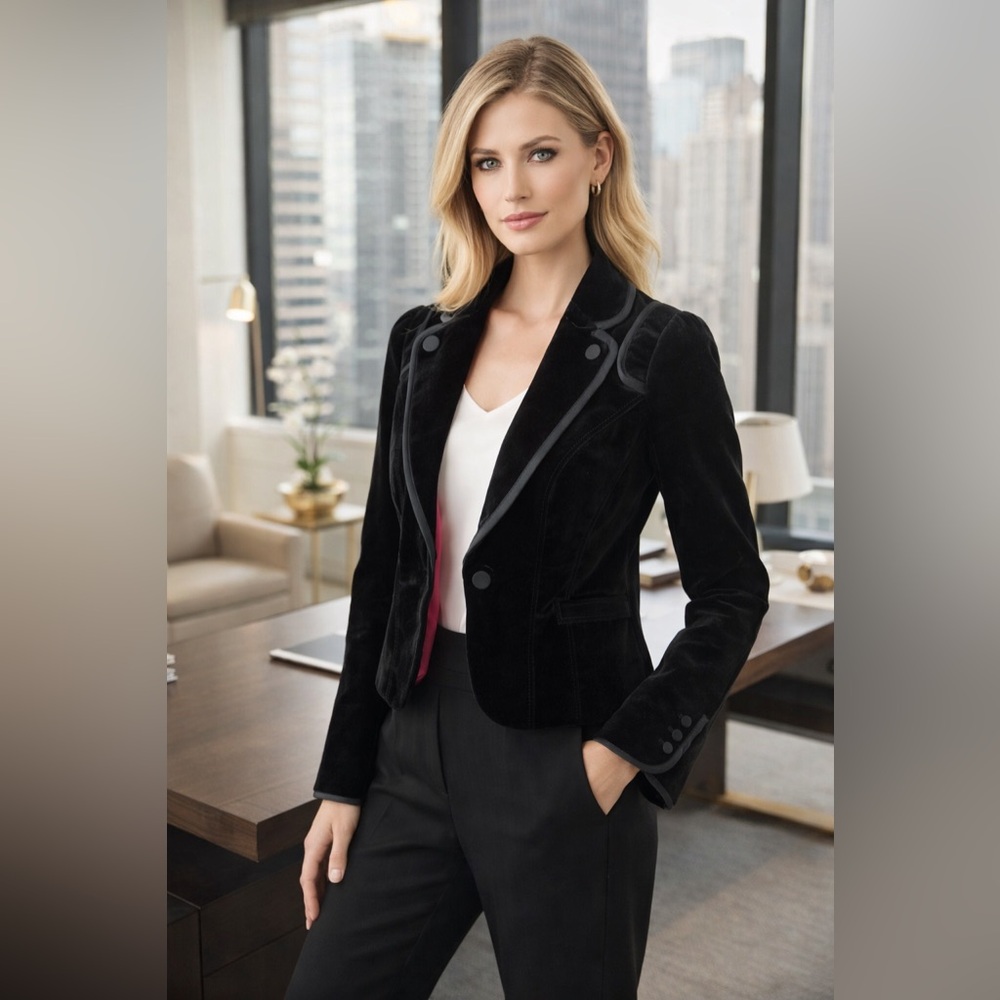 White House Black Market Black Velvet Blazer Pink Lining Cropped Jacket Size 2